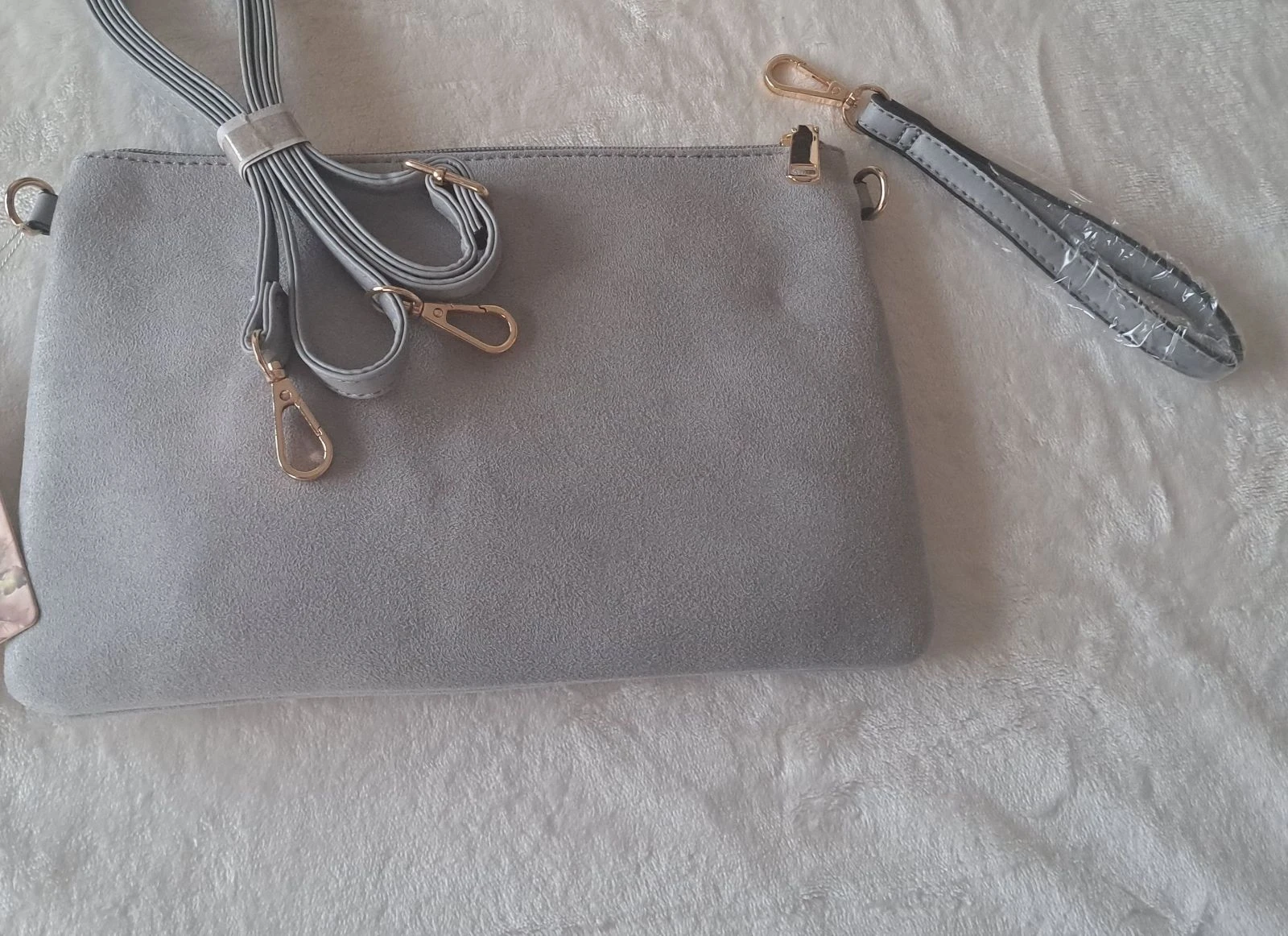 Light Grey Suede Clutch Bag with Tassels • Boho Chic – photo 4